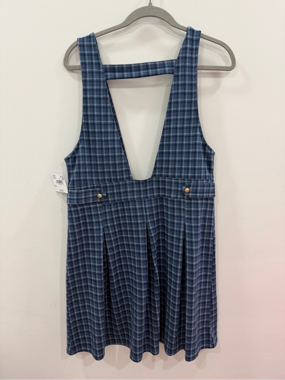 AEO Plaid Indigo Pinafore Mini Dress - Women size Large new - Picture 8 of 9